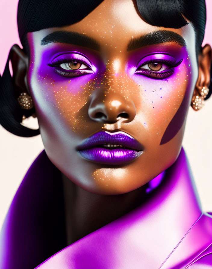 Striking purple and gold makeup on woman in digital portrait