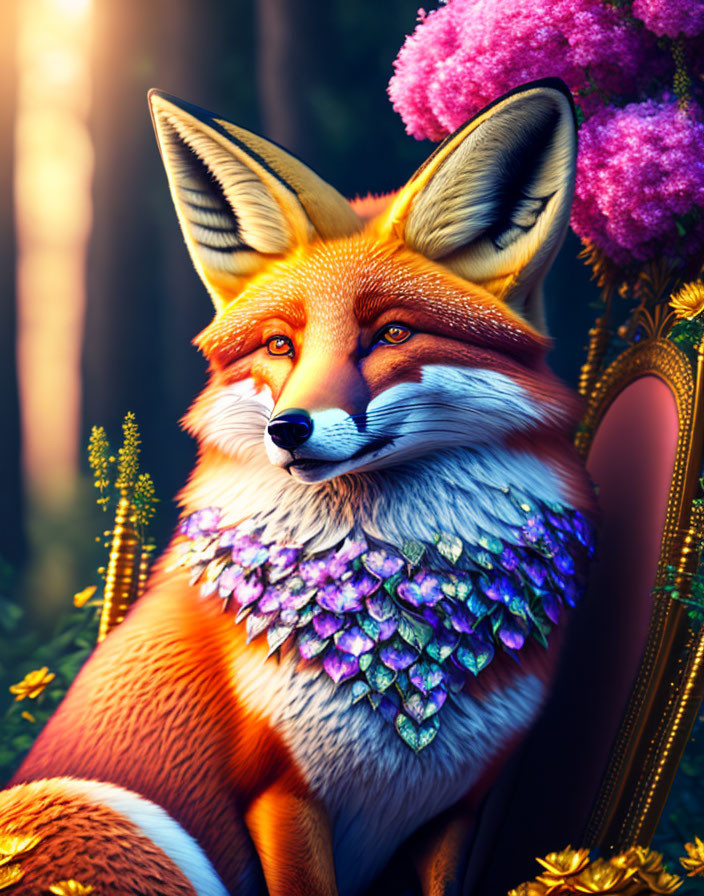 Colorful Fox Illustration with Purple Neckpiece and Golden Frame