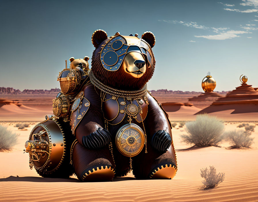 Steampunk-style mechanical bears in desert setting with gear designs.