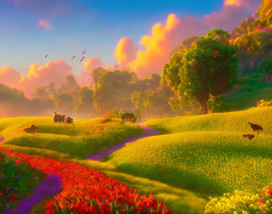 Colorful Landscape with Rolling Hills, Flowers, Animals, and Sunset