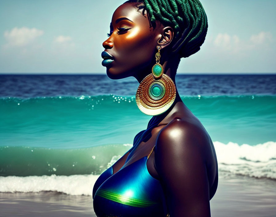 Woman with Green Braided Hair and Large Earrings in Blue Outfit by the Sea