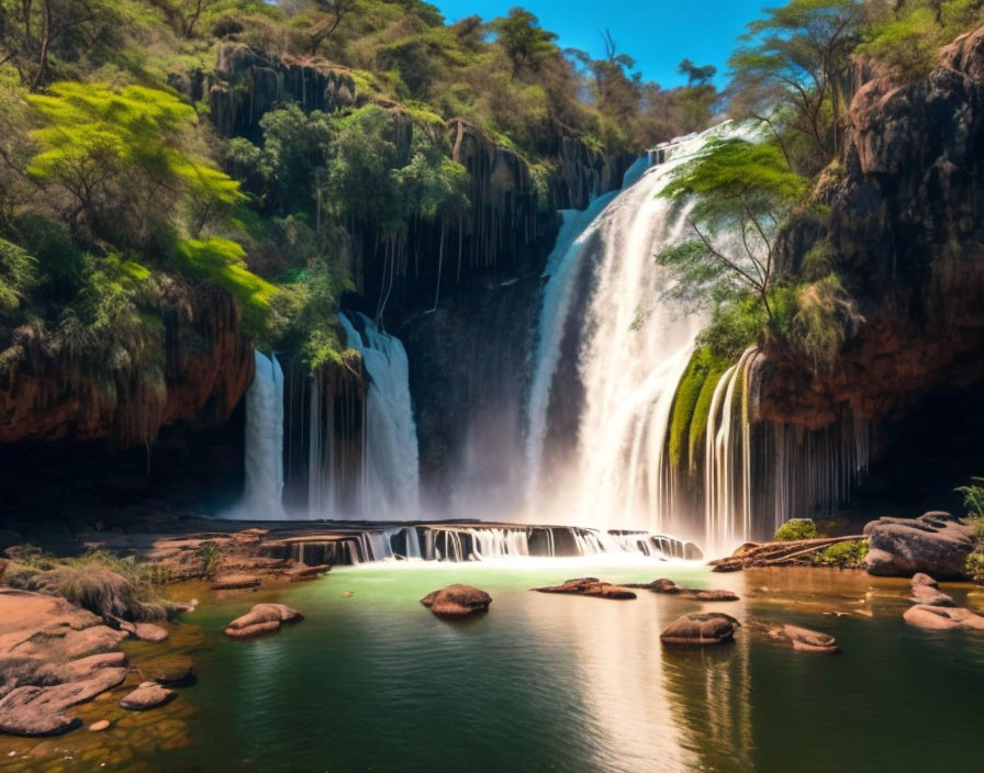 Tranquil waterfall surrounded by lush greenery and rock formations