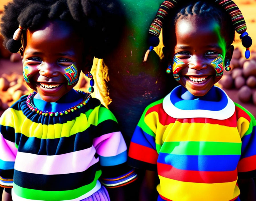 Joyful children with colorful face paint and vibrant clothing against earthy background