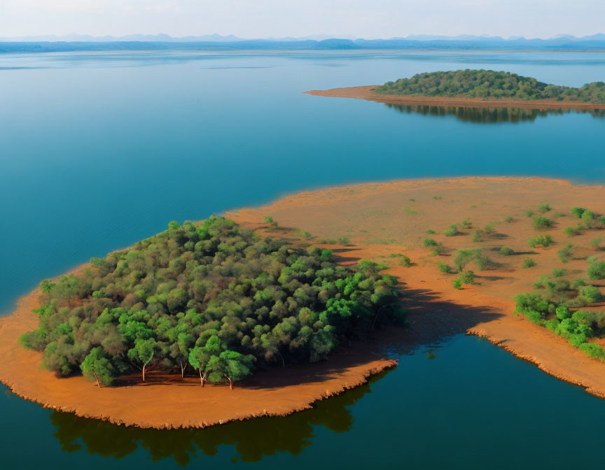 Scenic aerial view of two islands in a blue lake surrounded by green landscape