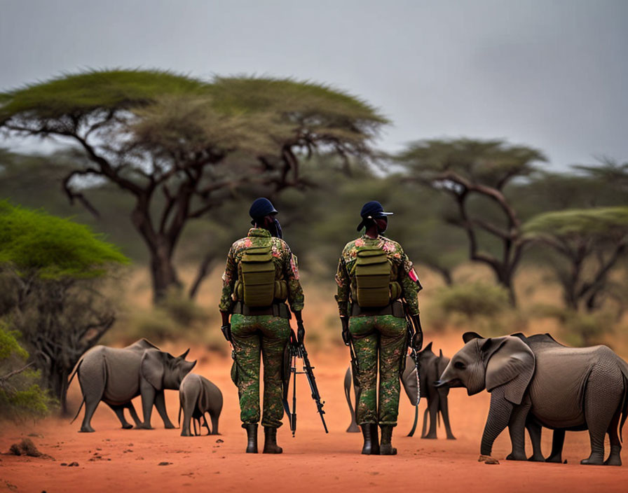 Park rangers in camouflage with elephants in savannah