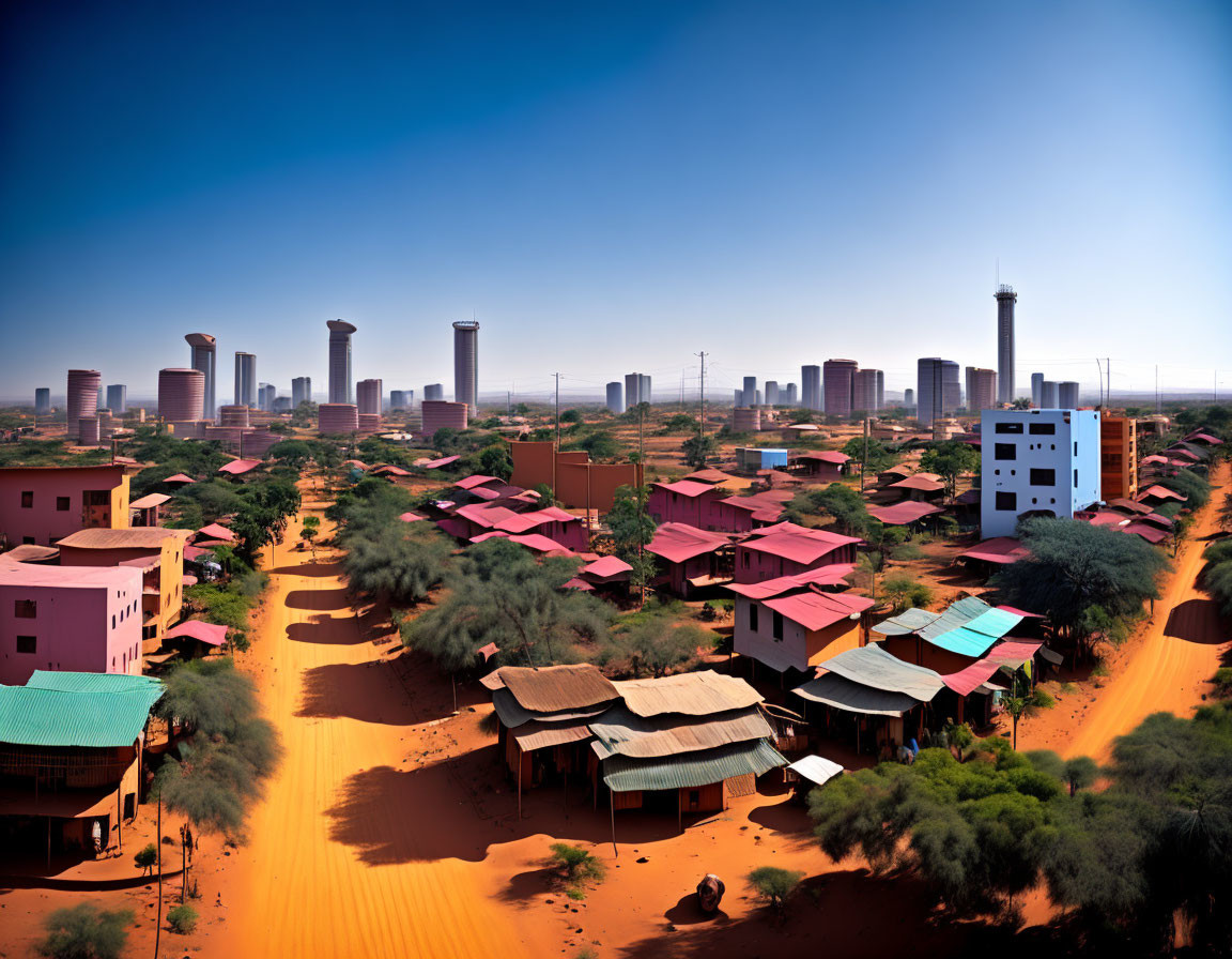 Cityscape blending modern skyscrapers with traditional buildings and dusty red roads