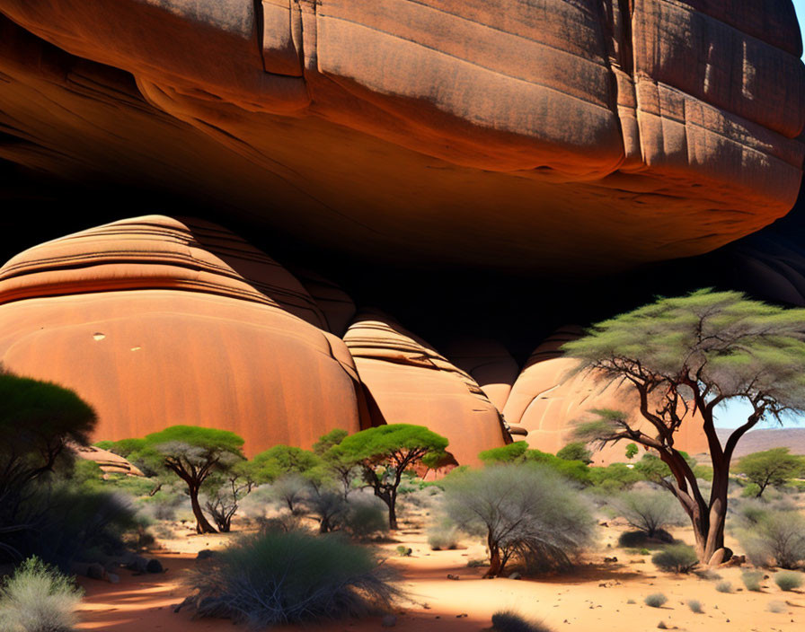 Desert landscape with red rock formations and sparse greenery