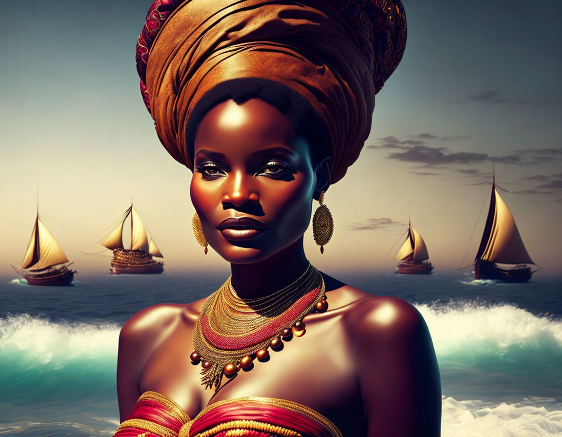 Digital Artwork: African Woman in Headwrap with Ocean Sailing Ships