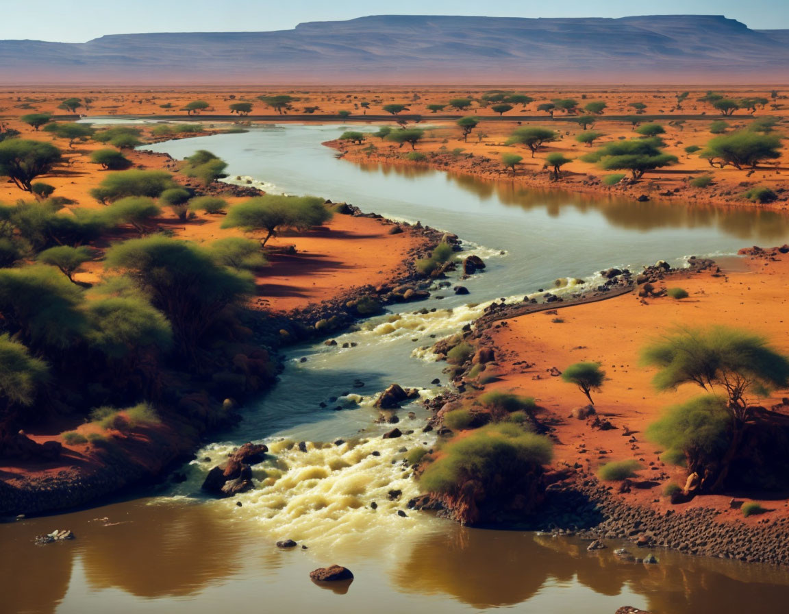 Serene desert landscape with meandering river and lush shrubs