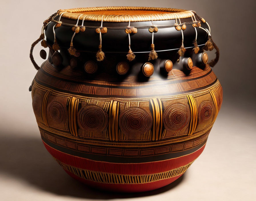 Detailed Patterned Traditional African Drum with Black Leather Top and Tassels