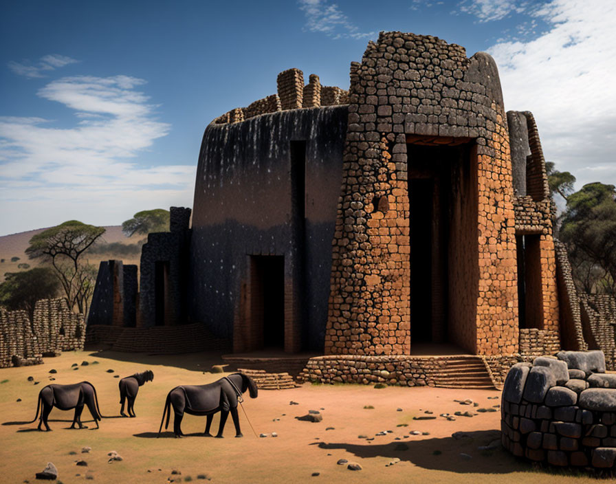 Ancient African stone structure with elephant surroundings under blue sky