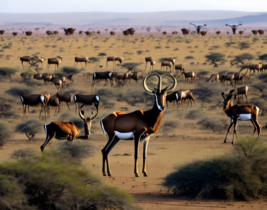 Impalas with Prominent Horns Grazing in Savanna