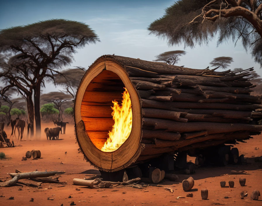 Wooden Structure on Wheels with Fire Surrounded by Logs in Desert Environment