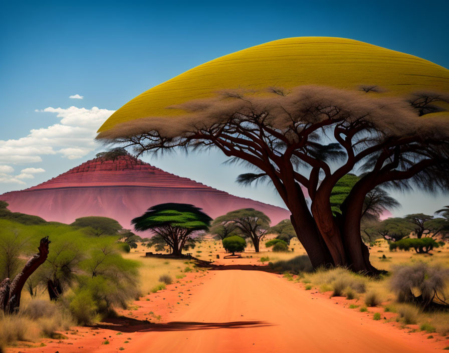 Vivid landscape with red dunes, orange road, green acacia trees, blue sky