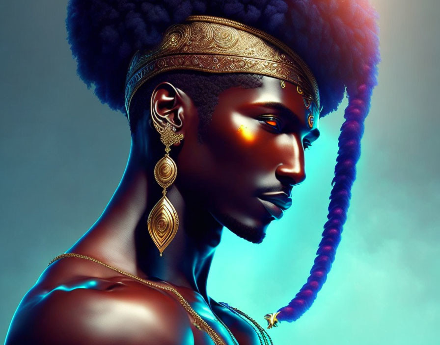 Stylized male figure with gold jewelry and headdress on blue background