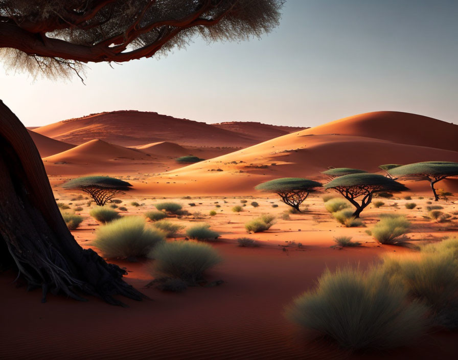 Scenic view of golden desert dunes and acacia trees under clear sky