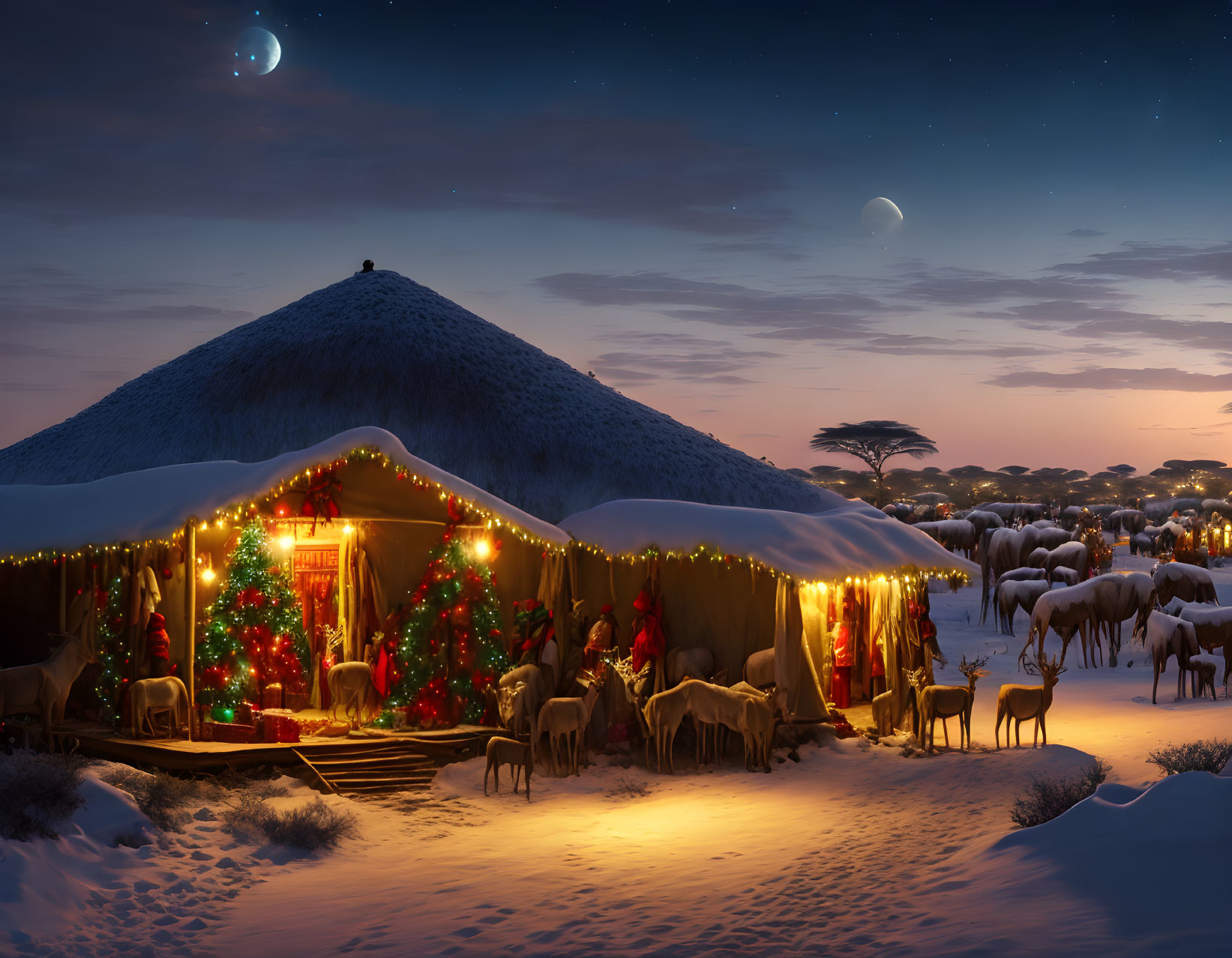 Snow-covered thatched hut with Christmas lights, decorated tree, reindeer, starry sky