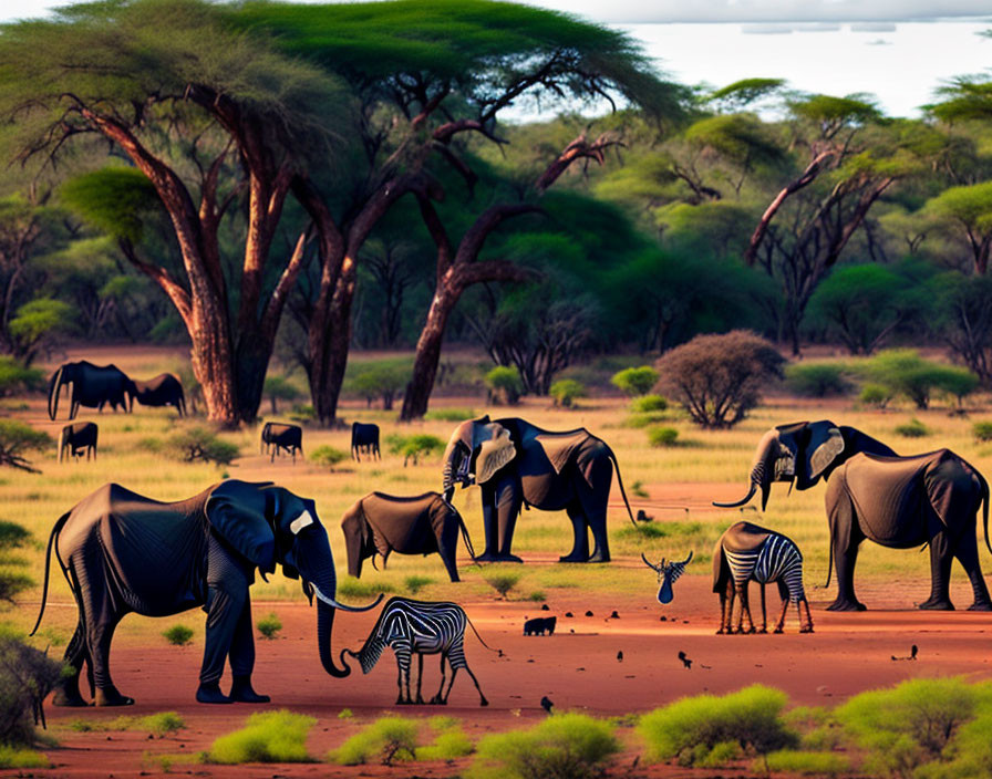 Elephants and Zebras in Lush Savanna with Acacia Trees