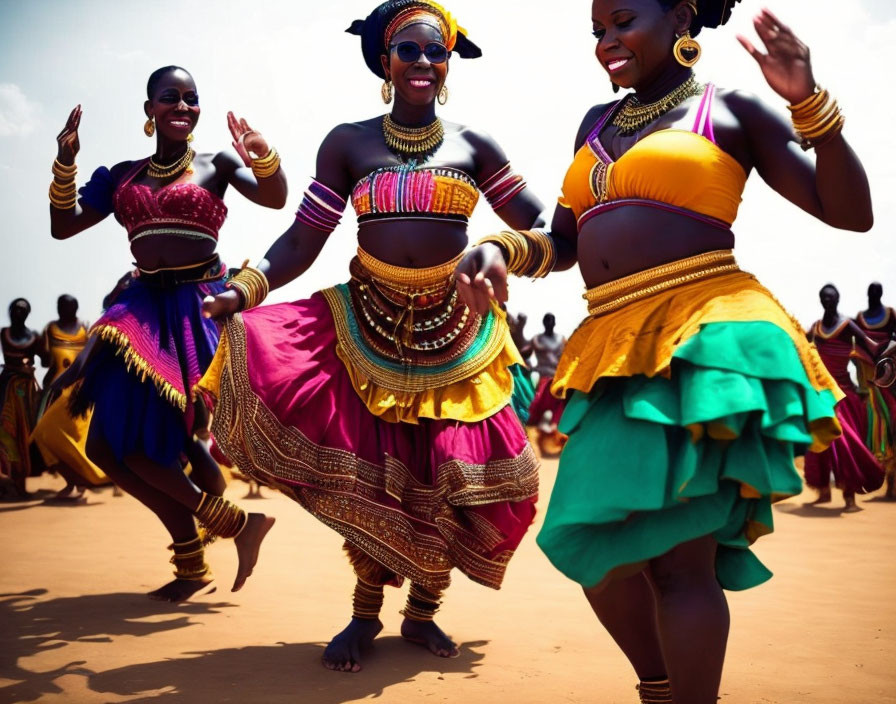 Colorful traditional attire women dancing joyfully with spectators in background