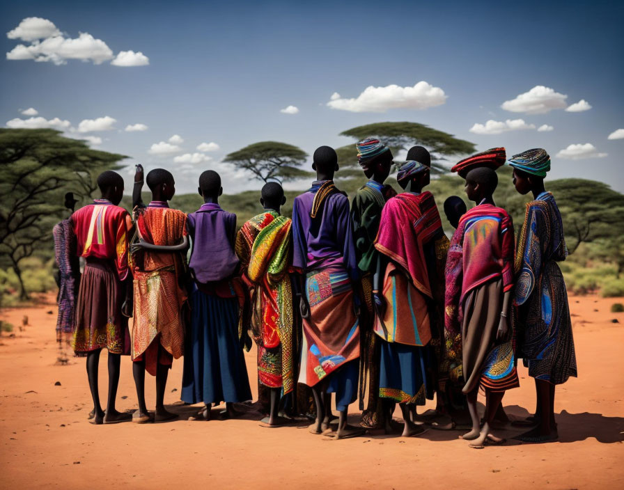 Group of People in Colorful Traditional Attire on Savannah Landscape