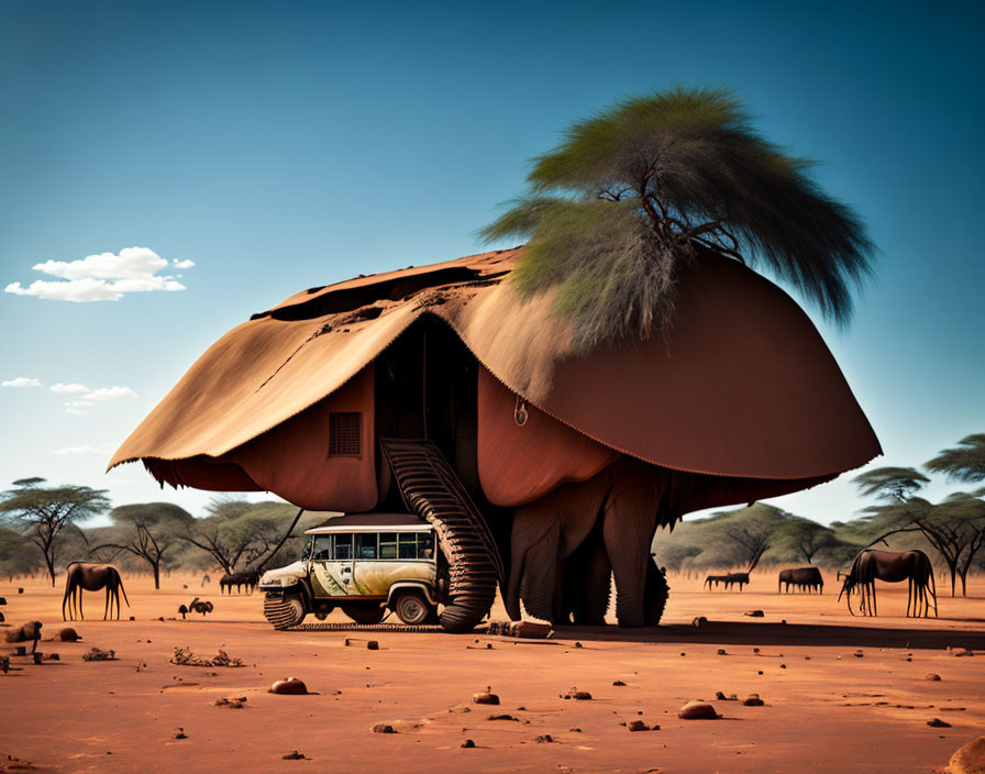 Surreal elephant-shaped structure with thatched roof and stairs, real elephant herd, tree in background