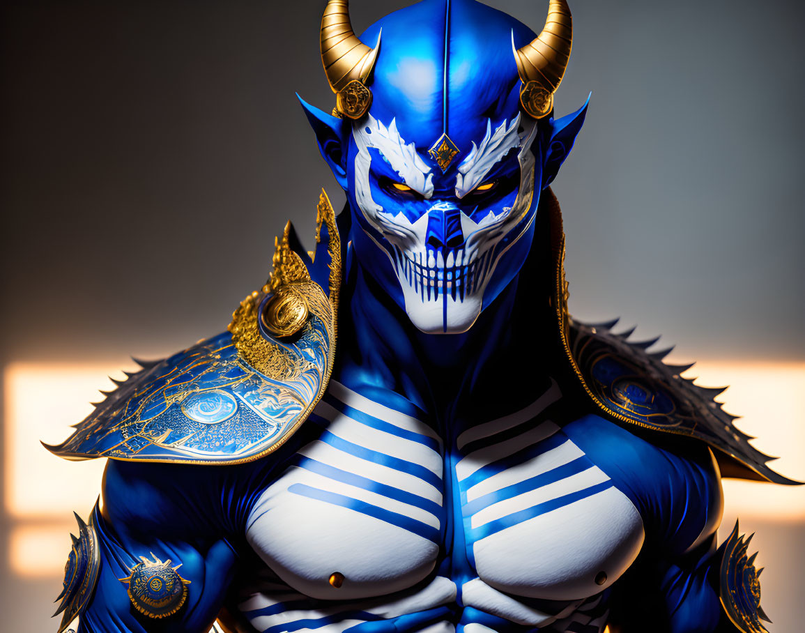 Elaborate Blue and Gold Demon Costume with Horns and Sharp Teeth