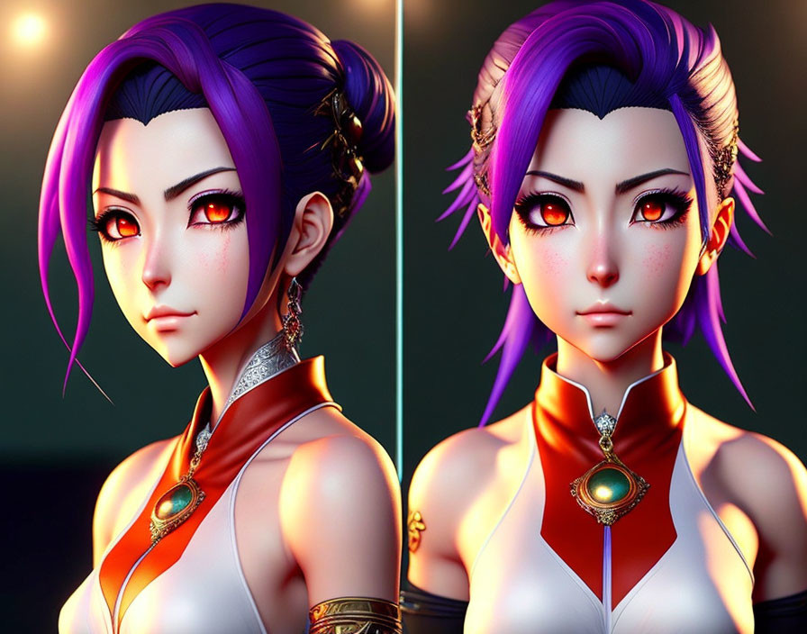 Female character with purple hair and amber eyes in traditional attire, showcasing varied lighting.