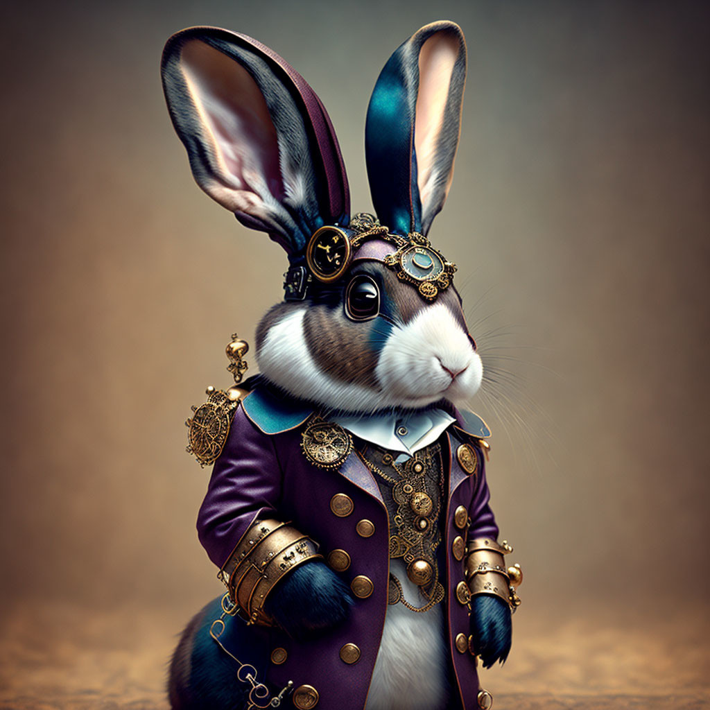 Steampunk-inspired rabbit in ornate jacket with brass gears