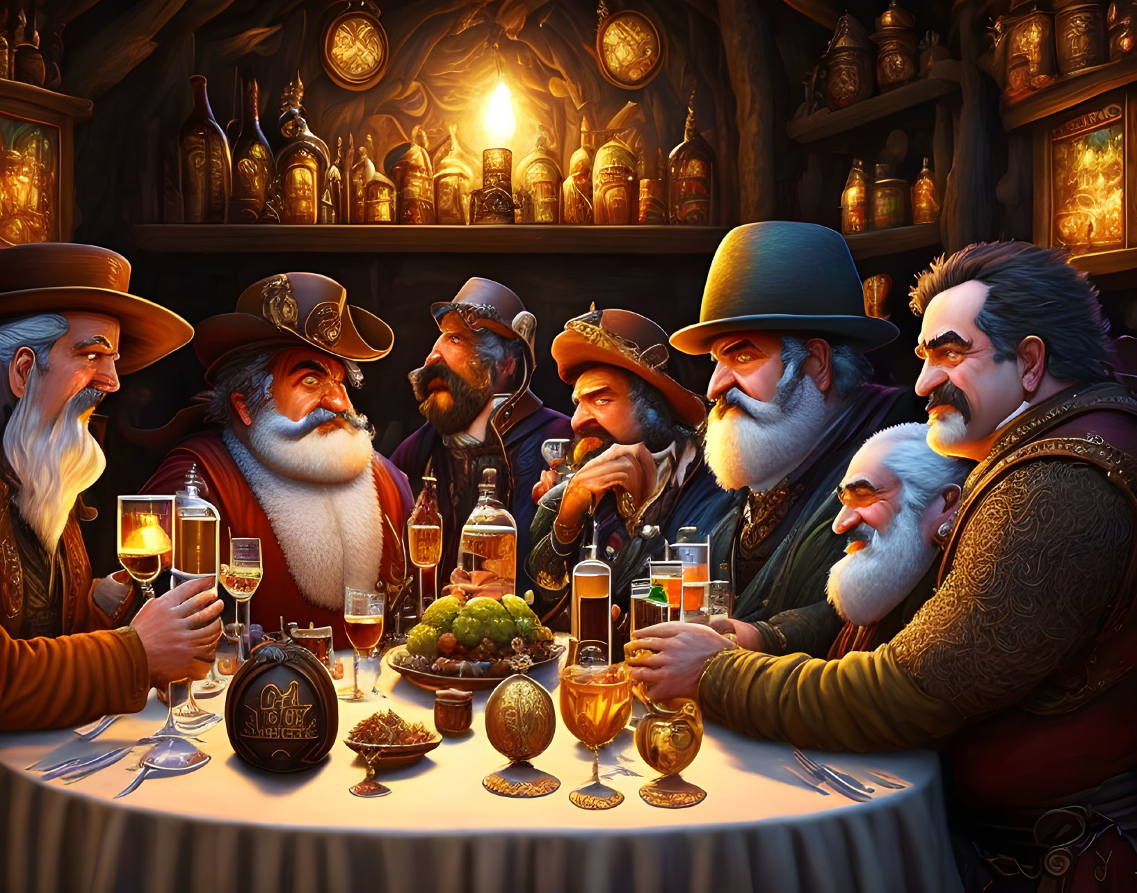 Fantasy tavern scene with dwarves sharing drinks and stories