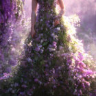 Purple flowers surrounding a soft silhouette in ethereal light and mist