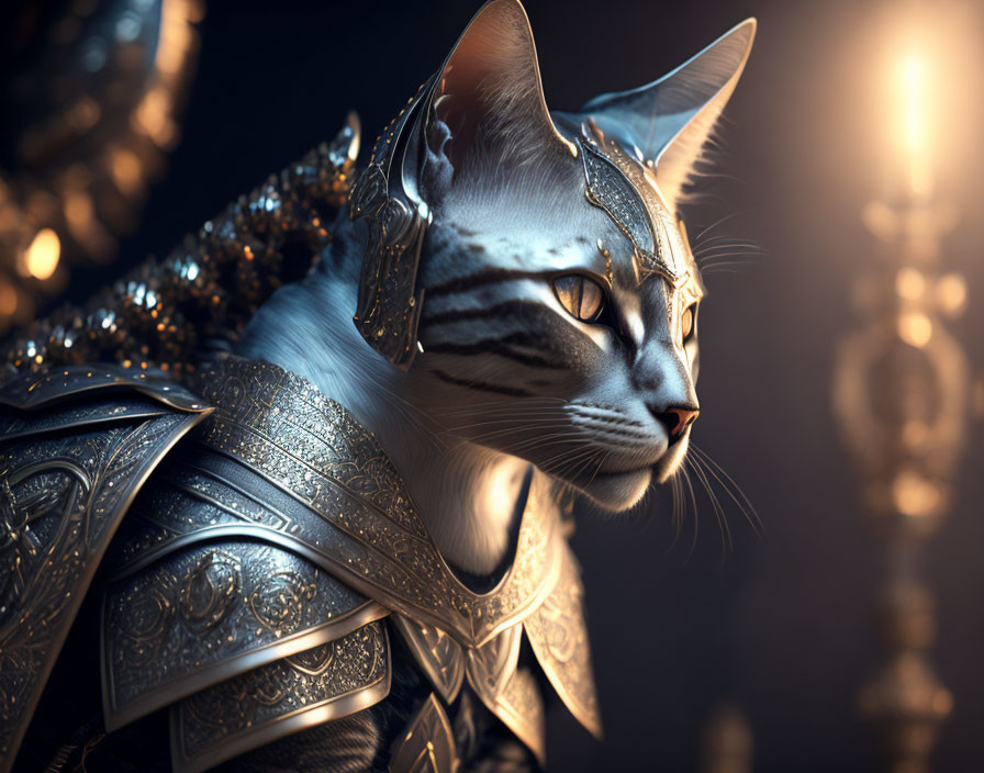 Detailed Digital Artwork: Cat in Intricate Armor with Medieval Fantasy Theme