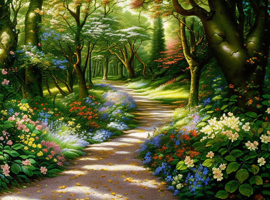 Colorful Sunlit Forest Path with Flowers and Trees