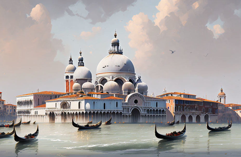 Venetian cityscape with Santa Maria della Salute basilica and gondolas on water