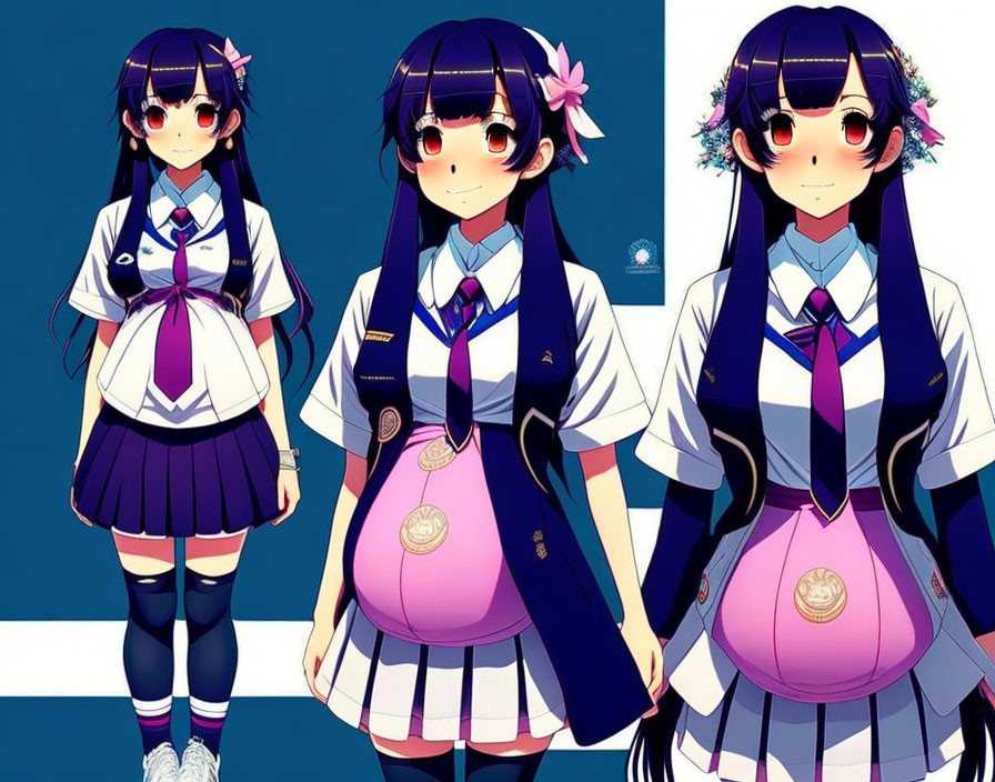 Animated girl in school uniform with black hair in three poses