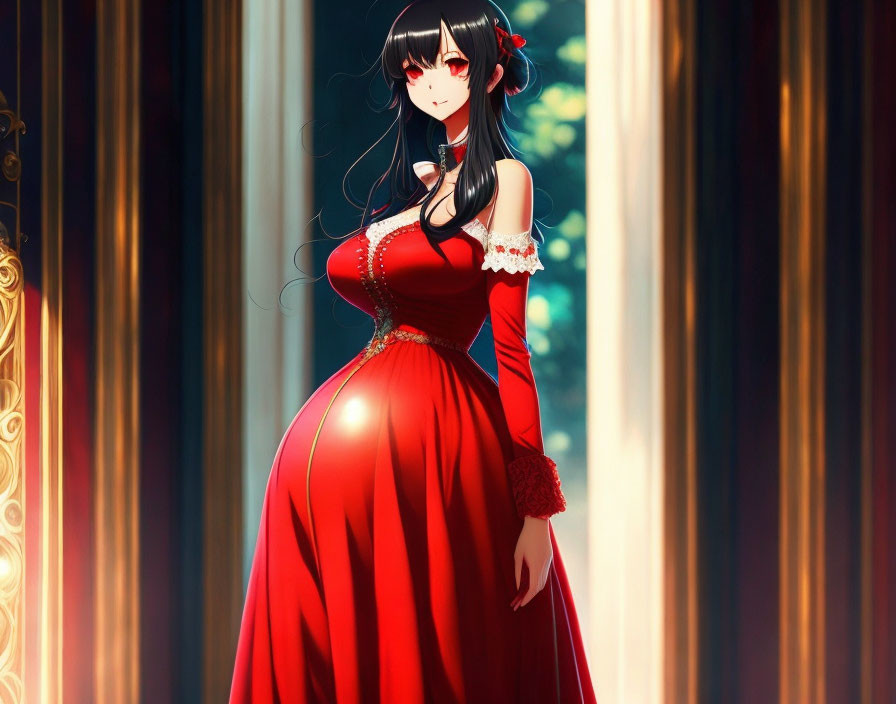 Woman in red dress with long black hair by window in sunlight