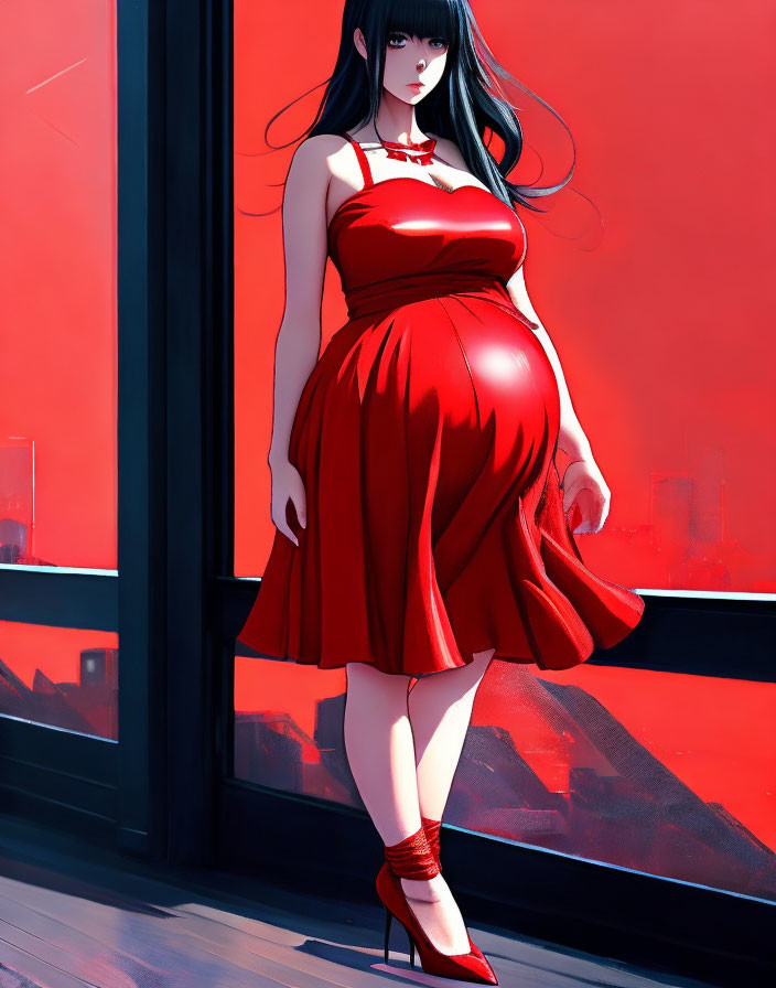 Illustration: Woman with Long Black Hair in Red Dress and Heels by Red Window Reflections