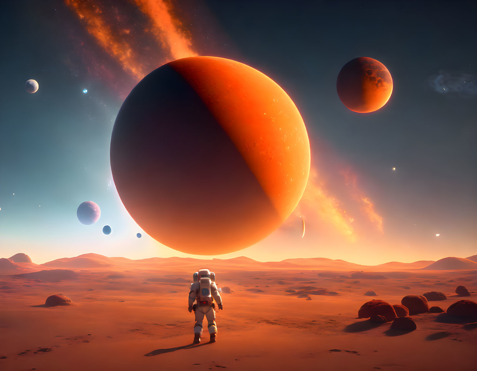 Astronaut on barren alien landscape with red planets in twilight sky