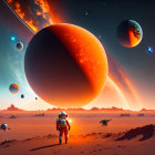 Astronaut on barren alien landscape with red planets in twilight sky