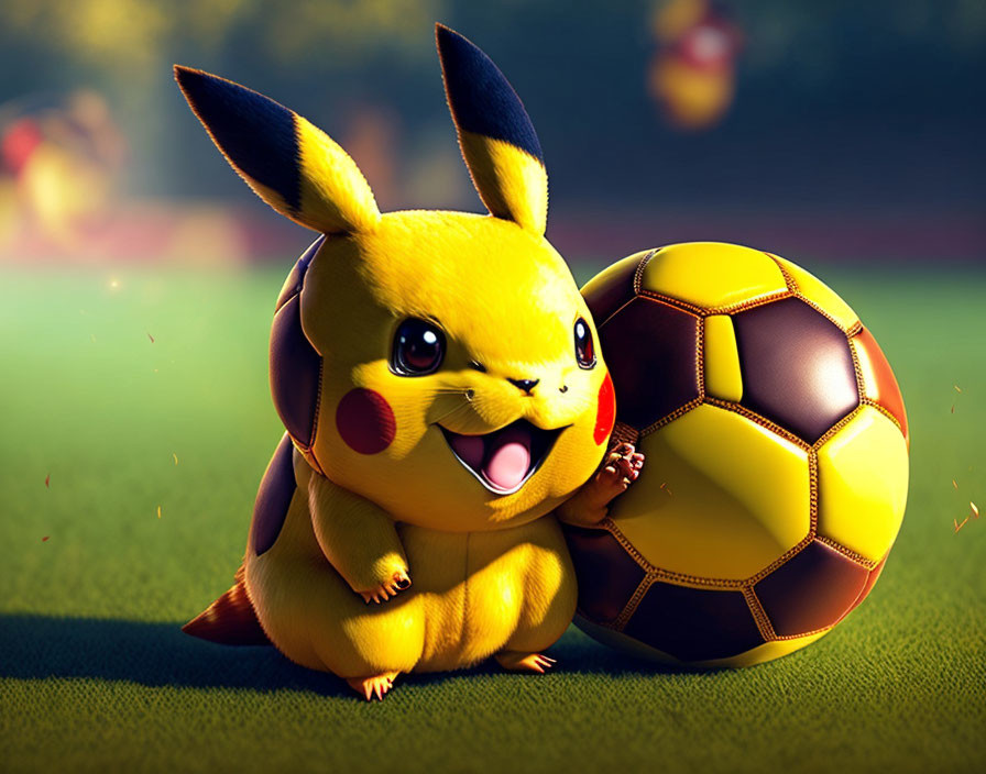 Yellow Pikachu with soccer ball on grass field