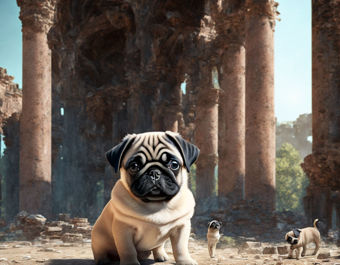 Pug with human-like face at ancient ruins with smaller pug and columns