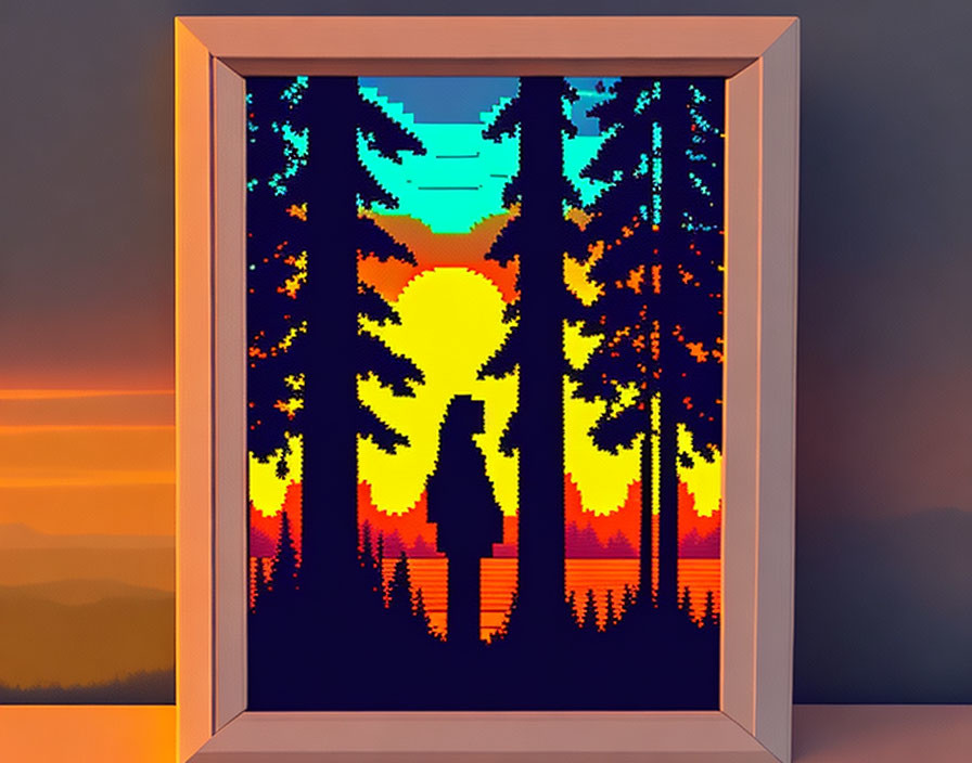 Forest at sunset pixel art with lake reflection in window frame