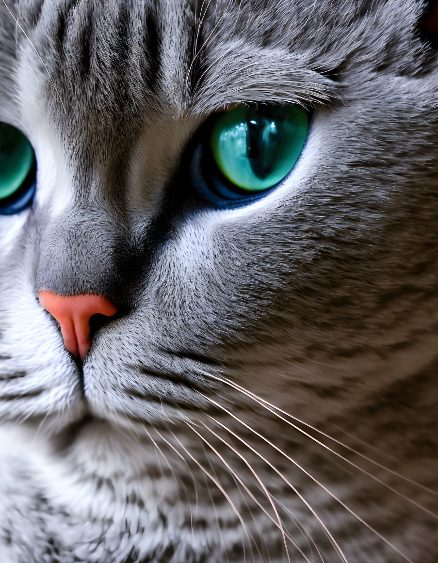Grey Cat with Turquoise Eyes and Pink Nose Close-Up