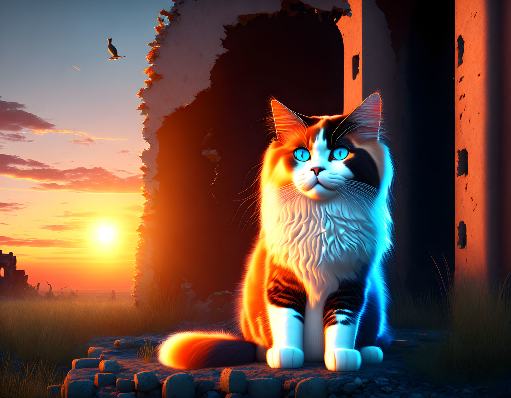 Majestic cat with blue eyes in sunlit ruined doorway at sunset