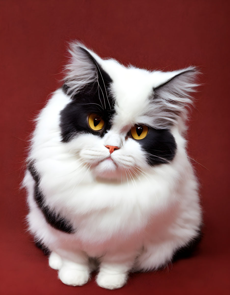 Black and White Fluffy Cat with Yellow Eyes on Maroon Background