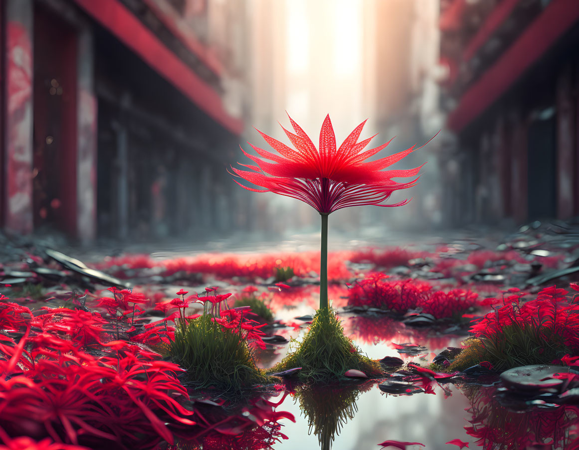 Red flower in water-filled alley with sunlight and foggy air, surreal atmosphere