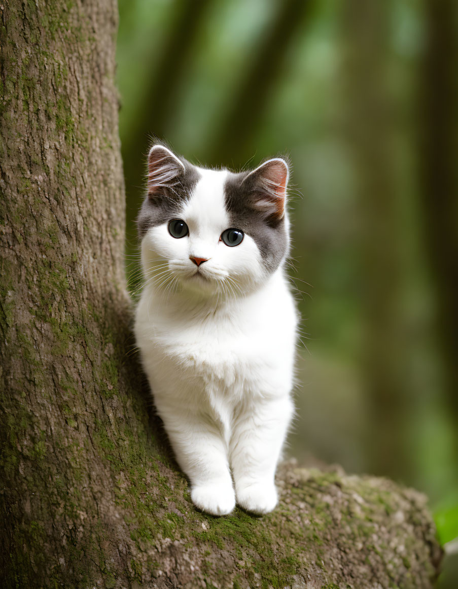 Bi-color Cat with Blue Eyes Standing by Tree in Soft-focus Greenery