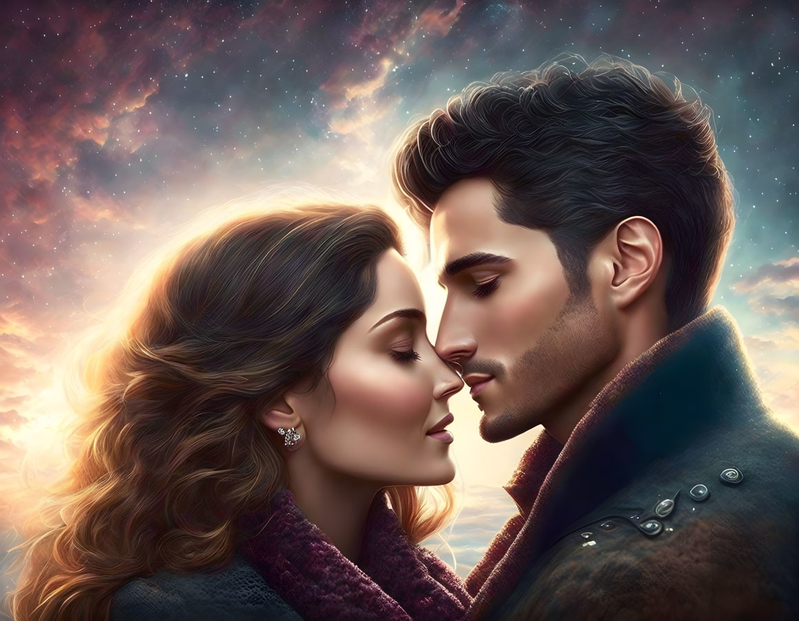 Romantic digital artwork of couple kissing under vibrant cosmic sky