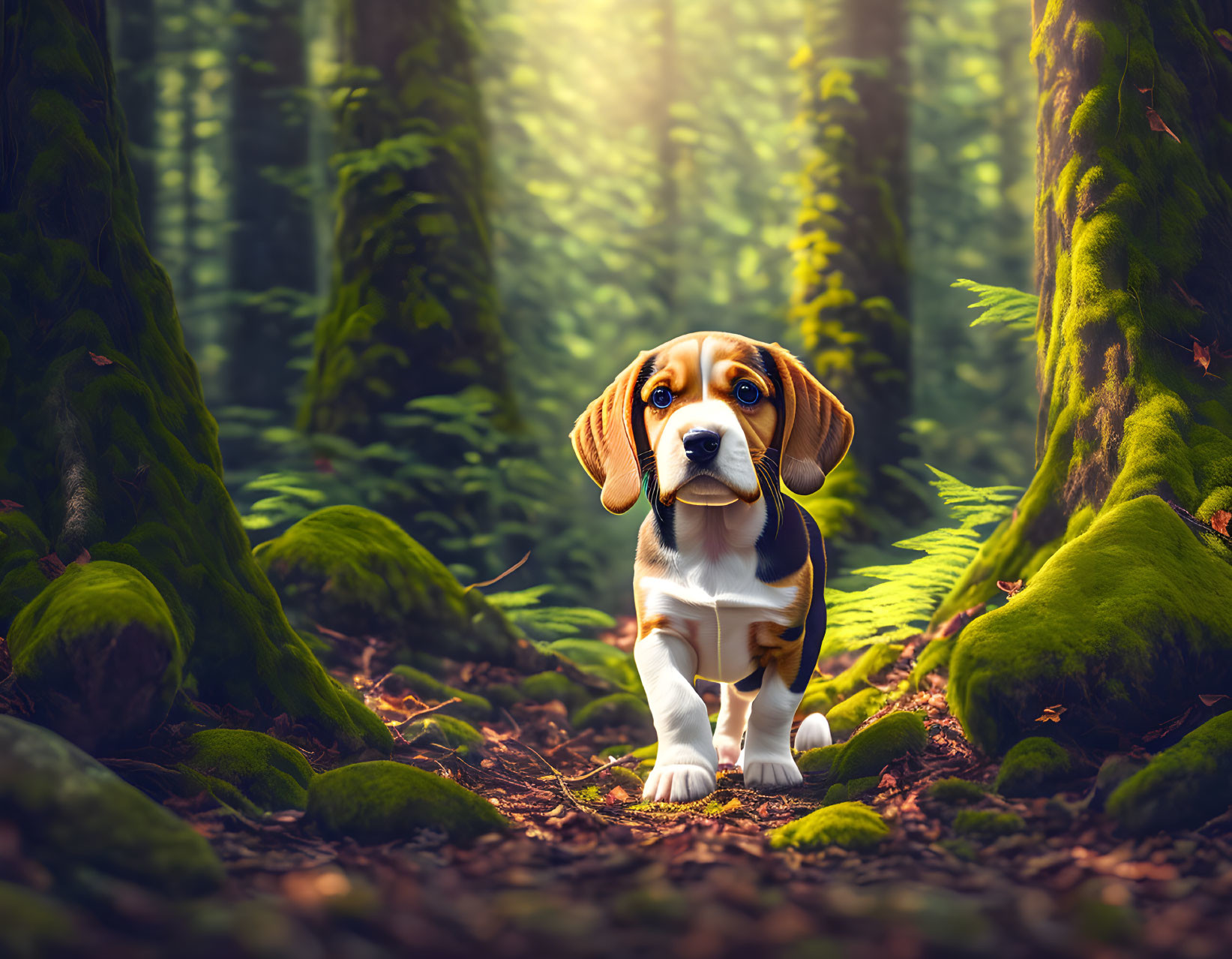 Curious Beagle Puppy in Sunlit Forest with Moss-Covered Trees