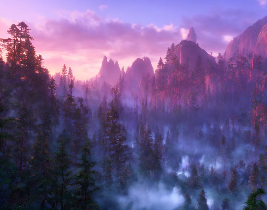 Misty forest sunrise with purple and pink glow over rugged mountains