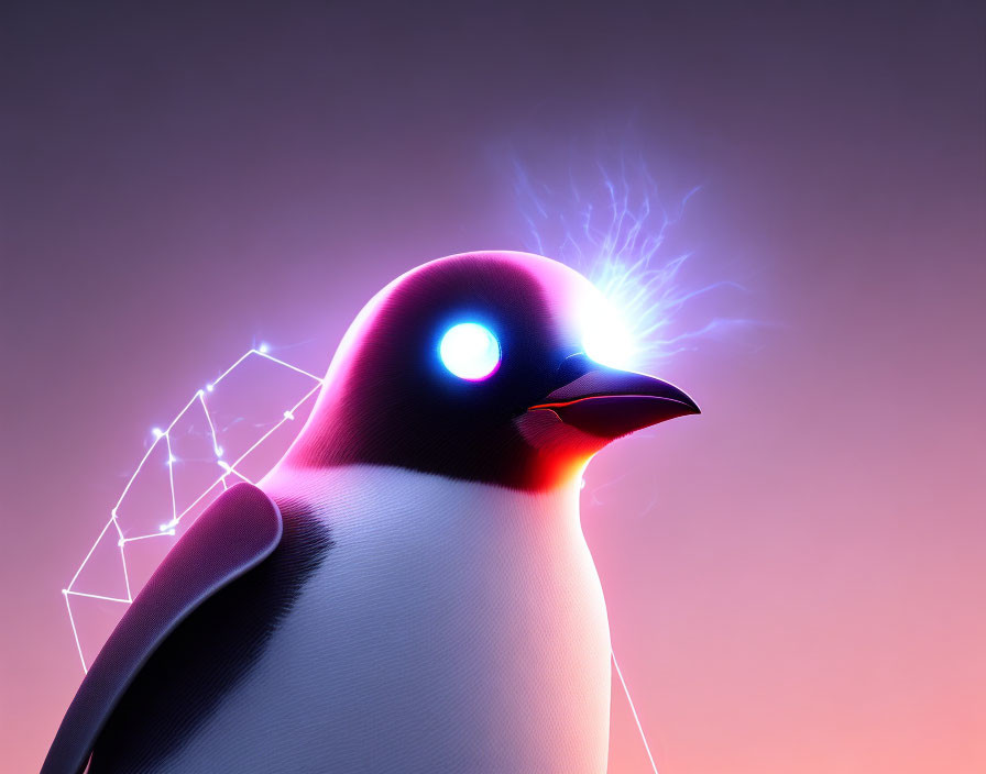 Stylized digital artwork of penguin with glowing eye and abstract light patterns